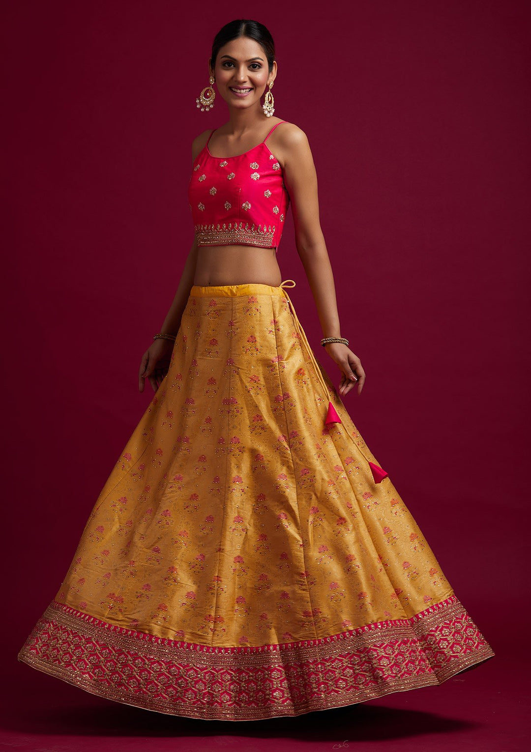 Yellow Stonework Banarasi Designer Semi-Stitched Lehenga - koskii