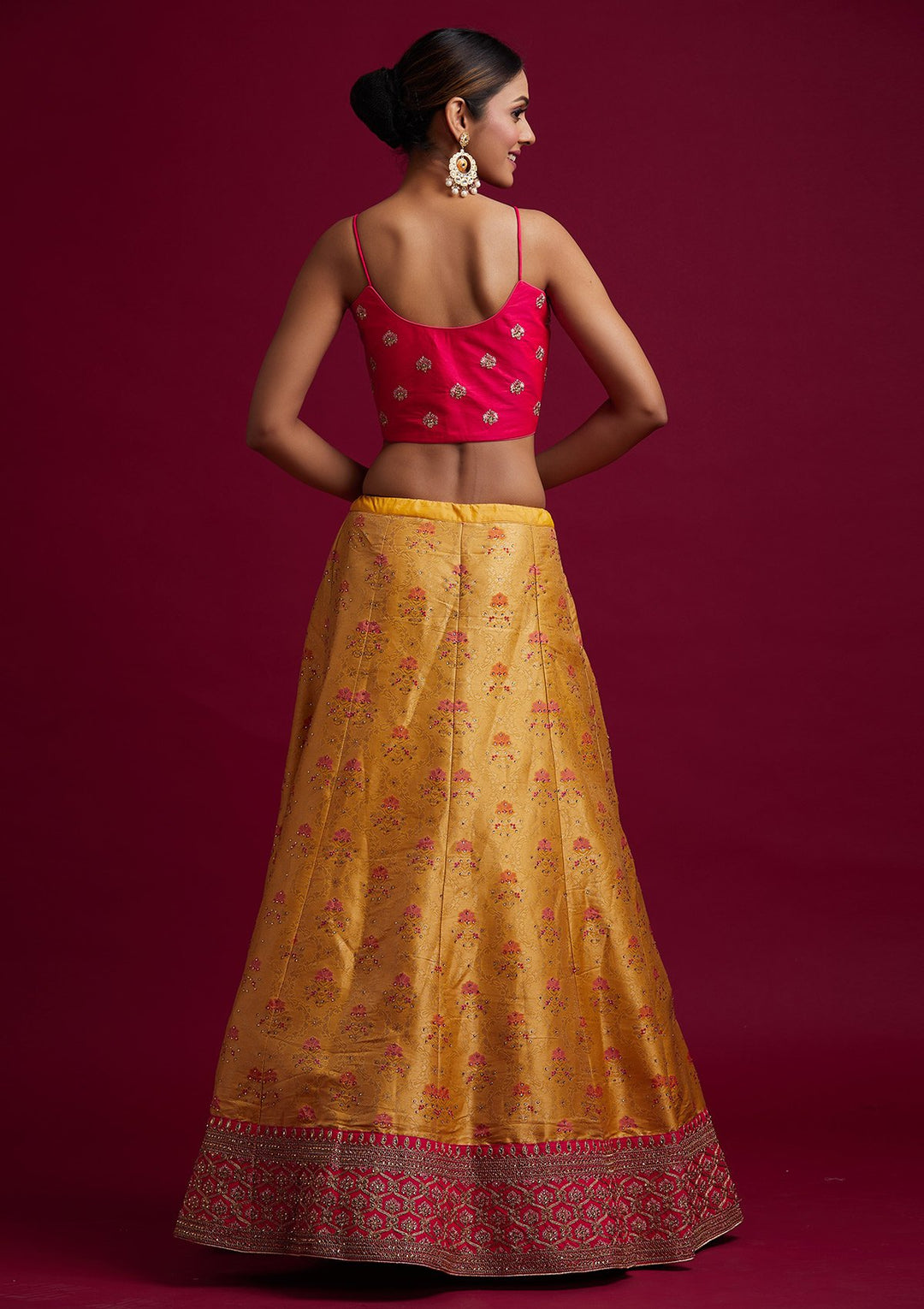 Yellow Stonework Banarasi Designer Semi-Stitched Lehenga - koskii