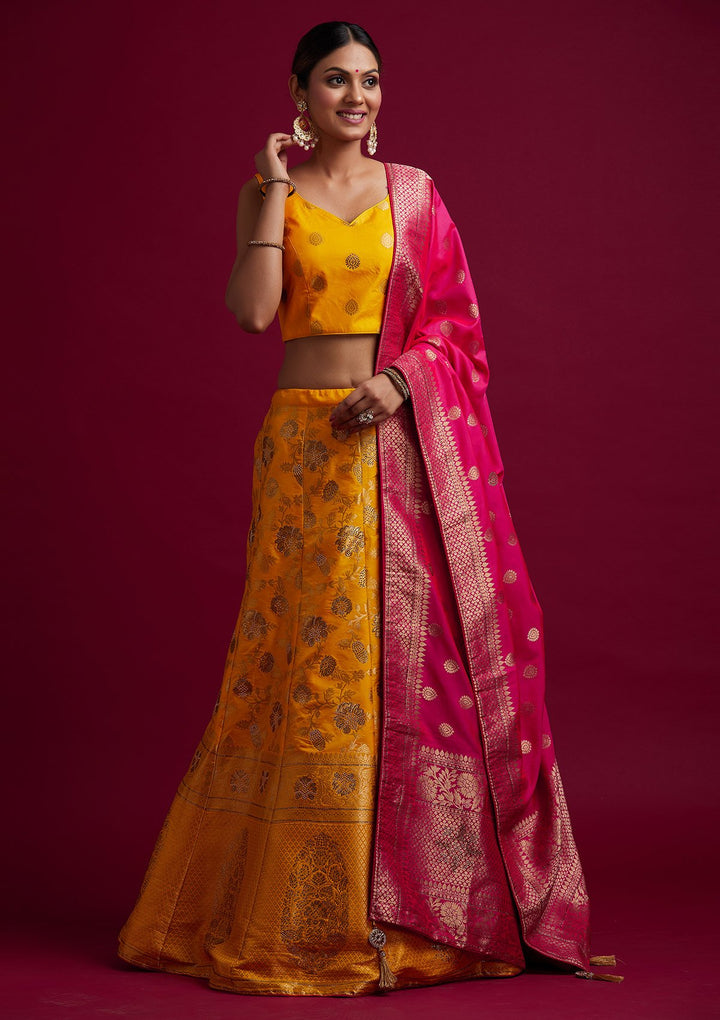 Yellow Stonework Banarasi Designer Semi-Stitched Lehenga - koskii