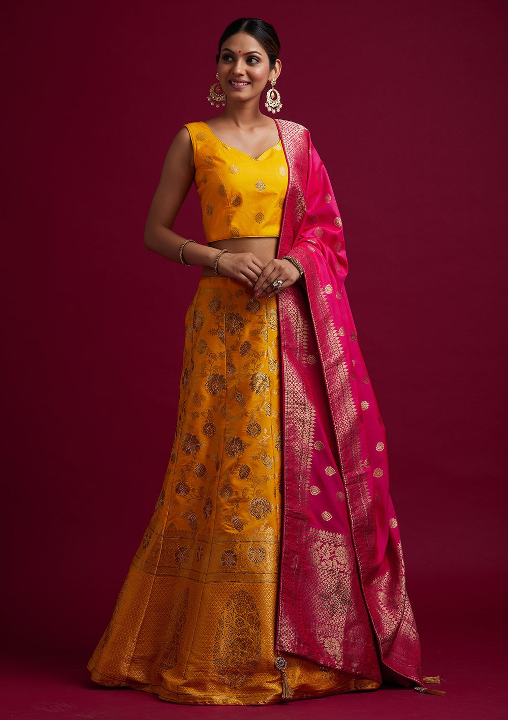 Yellow Stonework Banarasi Designer Semi-Stitched Lehenga - koskii