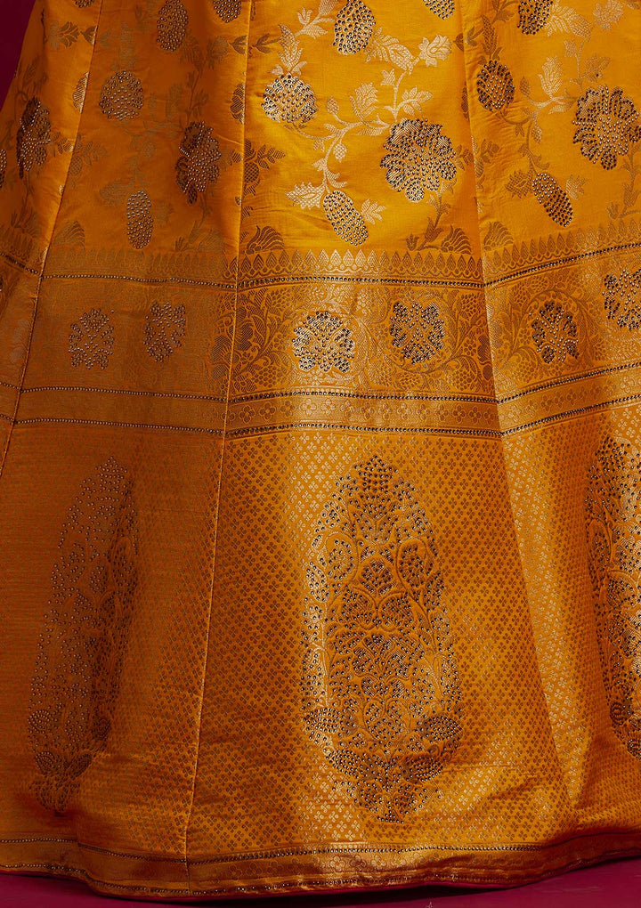Yellow Stonework Banarasi Designer Semi-Stitched Lehenga - koskii