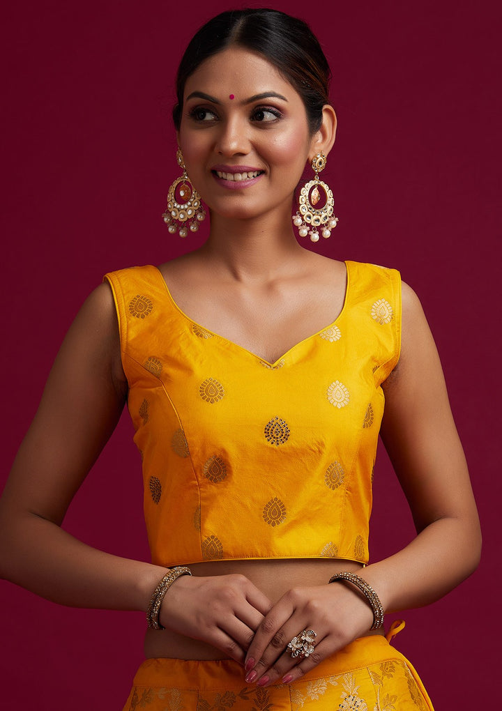 Yellow Stonework Banarasi Designer Semi-Stitched Lehenga - koskii