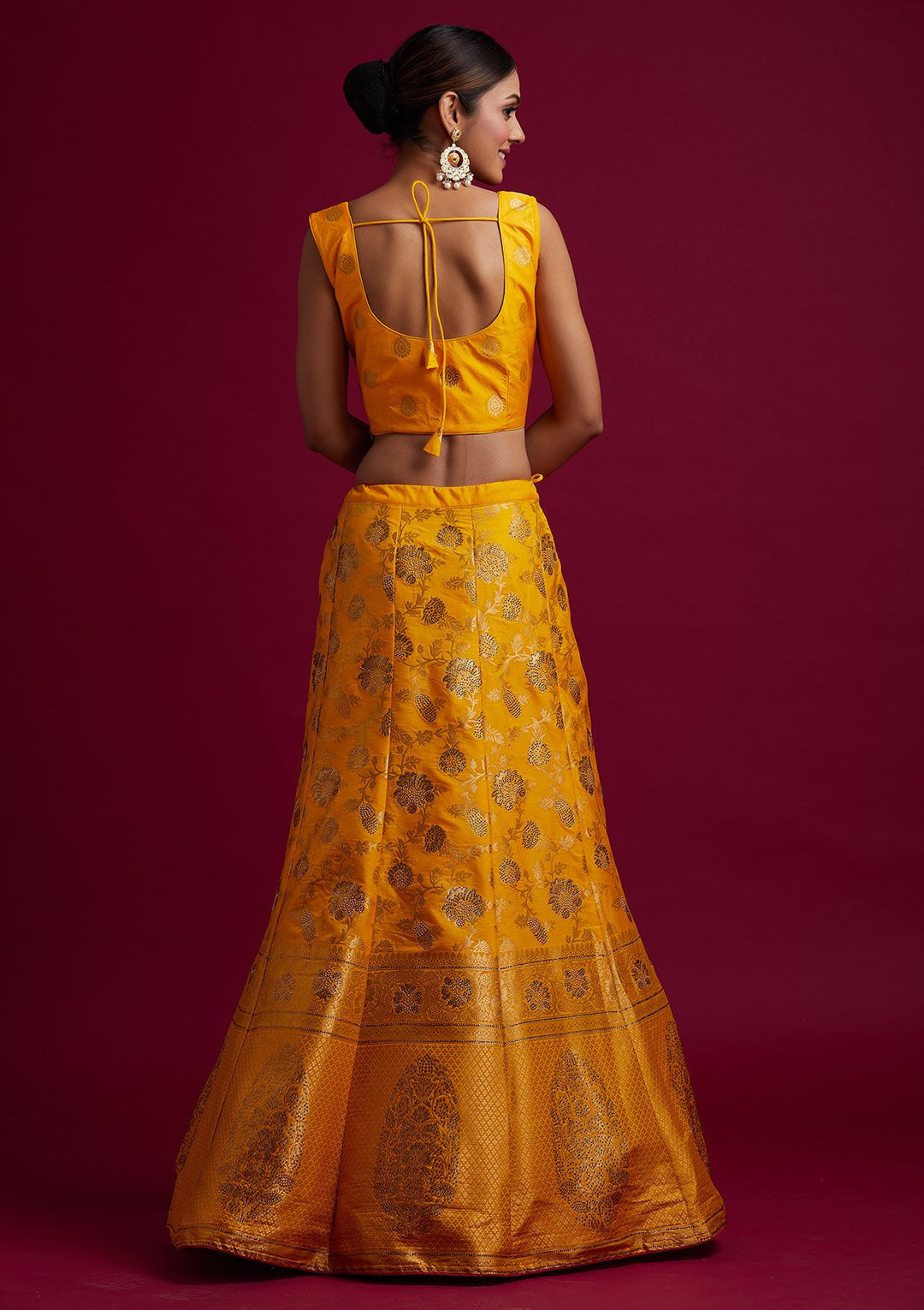 Yellow Stonework Banarasi Designer Semi-Stitched Lehenga - koskii