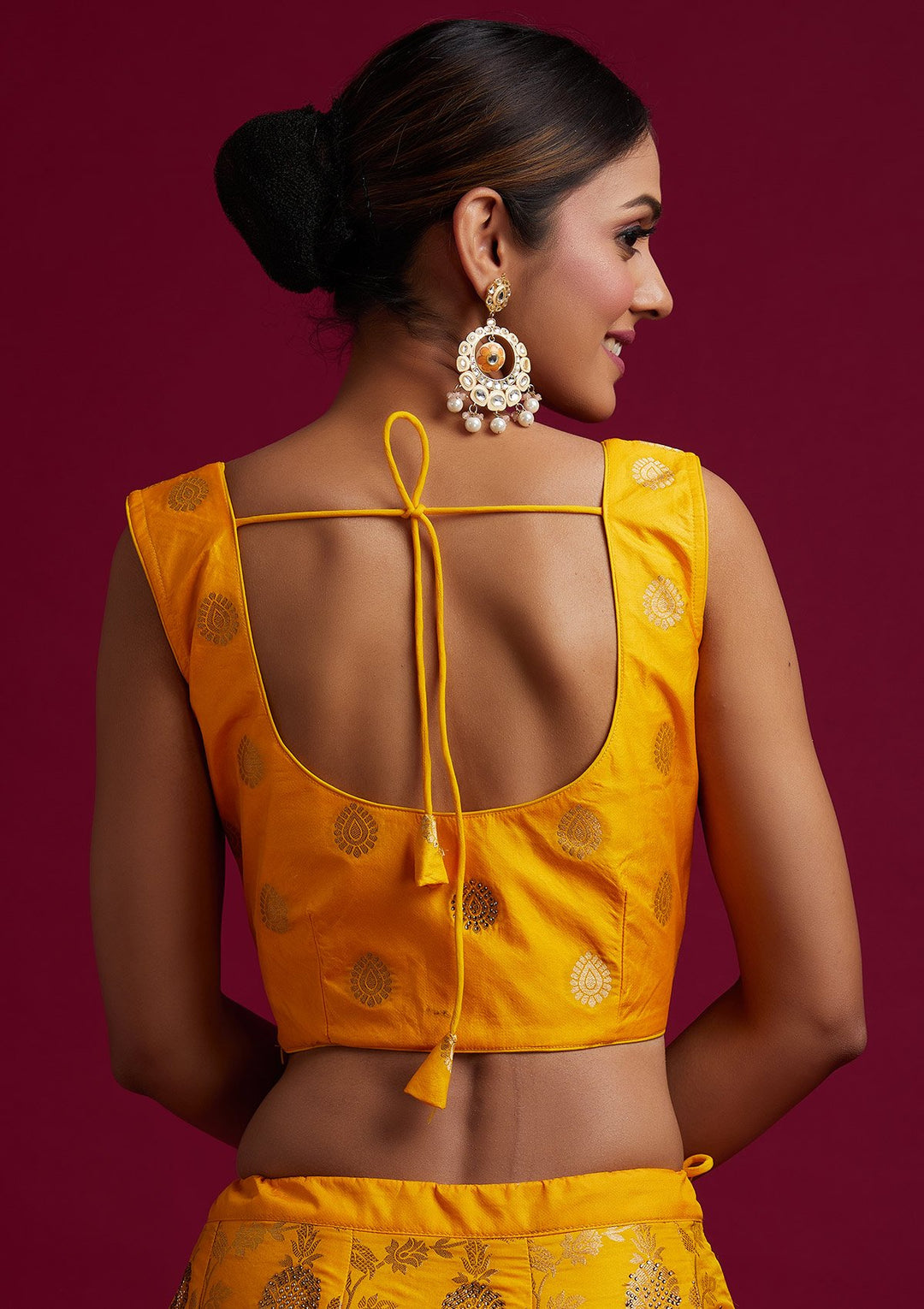 Yellow Stonework Banarasi Designer Semi-Stitched Lehenga - koskii