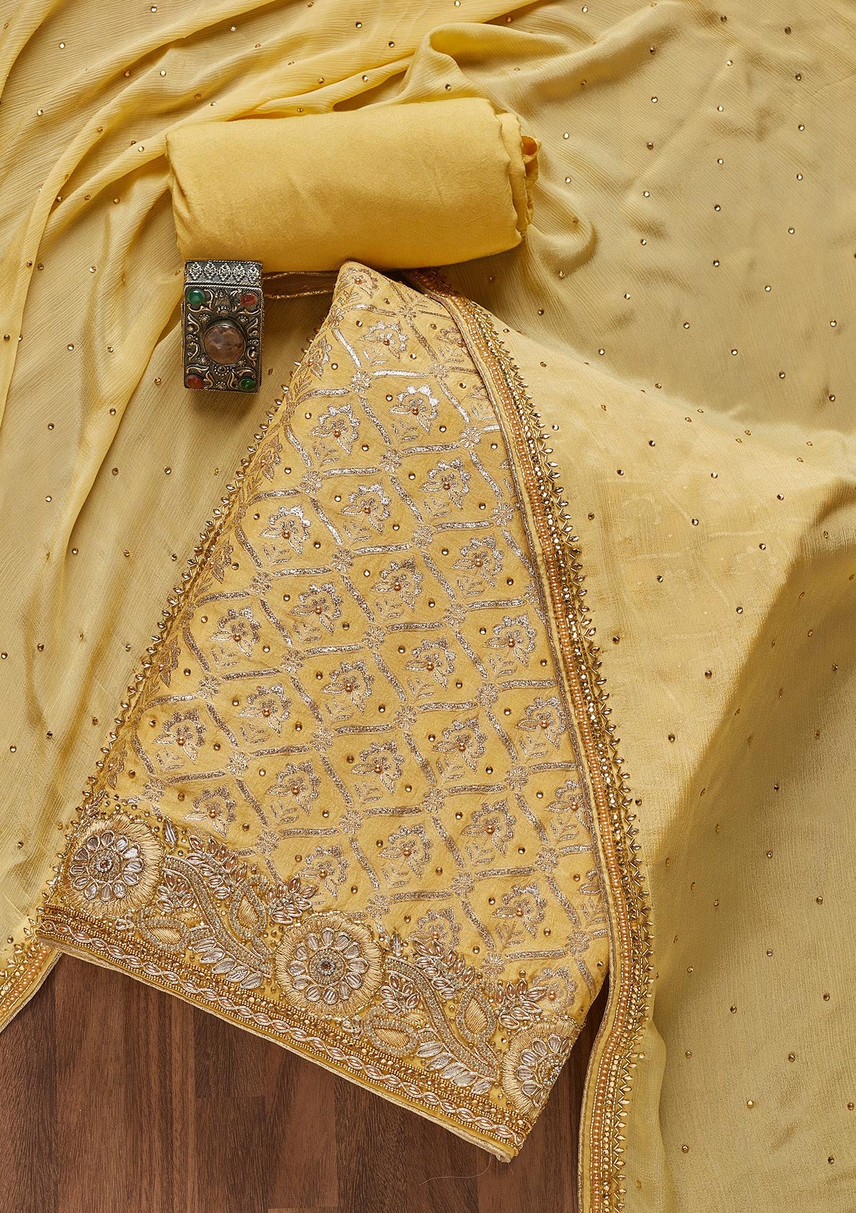 Yellow Stonework Chanderi Unstitched Salwar Suit- Koskii