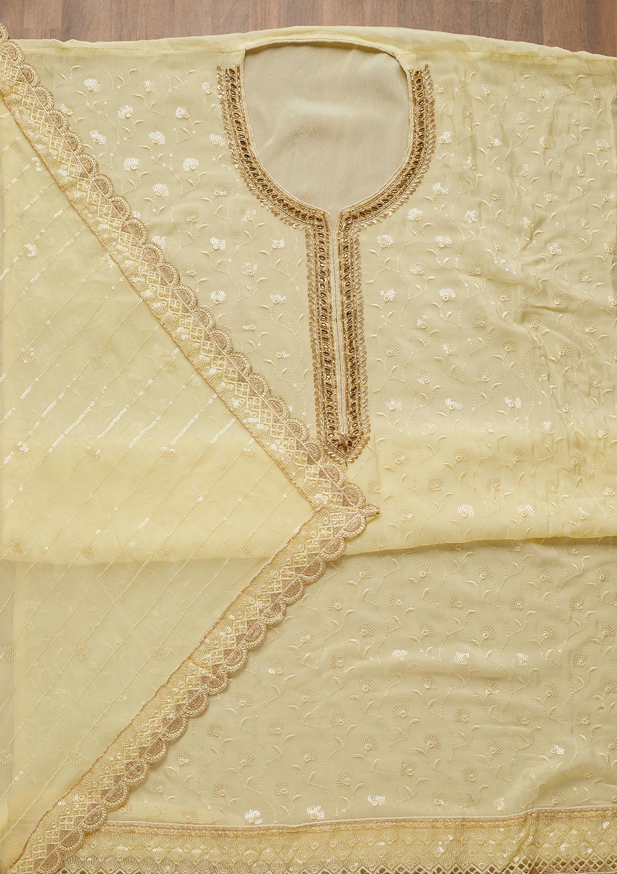 Yellow Stonework Semi Crepe Unstitched Salwar Suit-Koskii