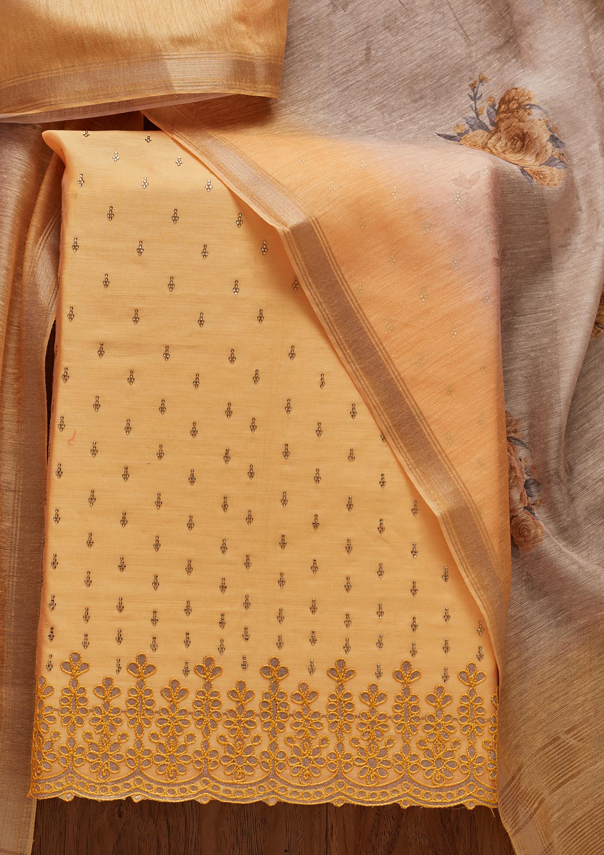 Yellow Swarovski Chanderi Designer Unstitched Salwar Suit - koskii