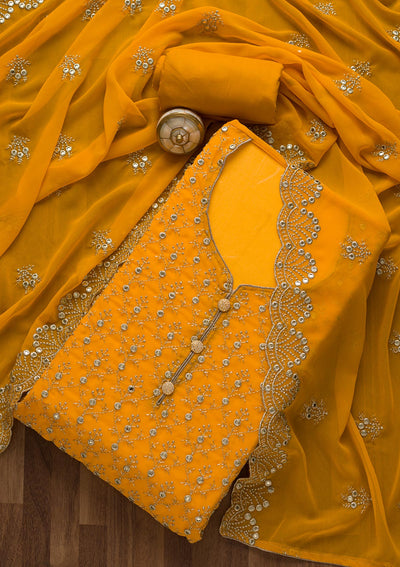 Yellow Swarovski Georgette Unstitched Salwar Suit-Koskii