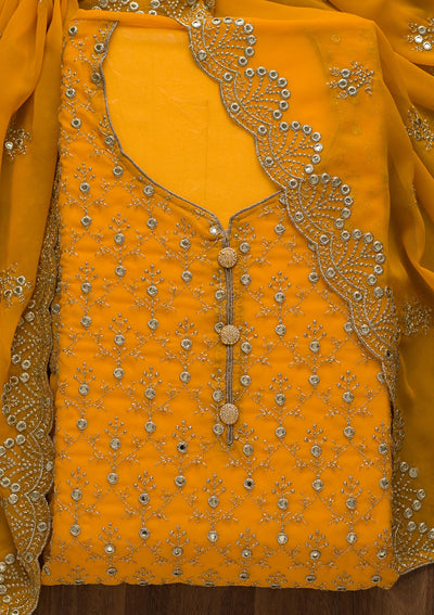 Yellow Swarovski Georgette Unstitched Salwar Suit-Koskii