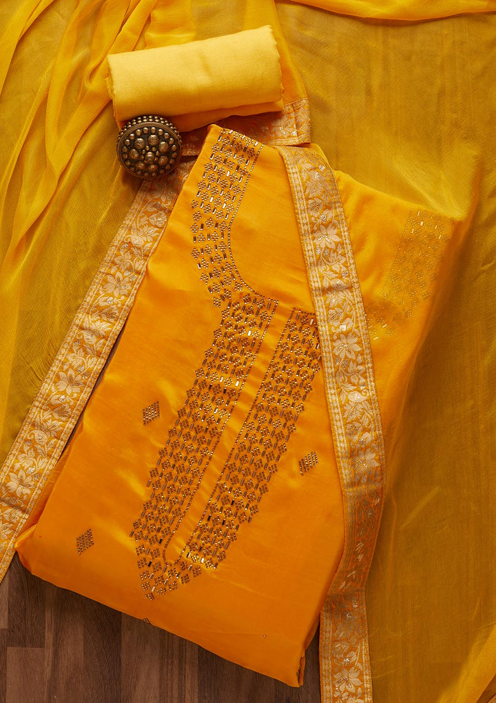 Yellow Swarovski Semi Crepe  Unstitched Salwar Suit-Koskii