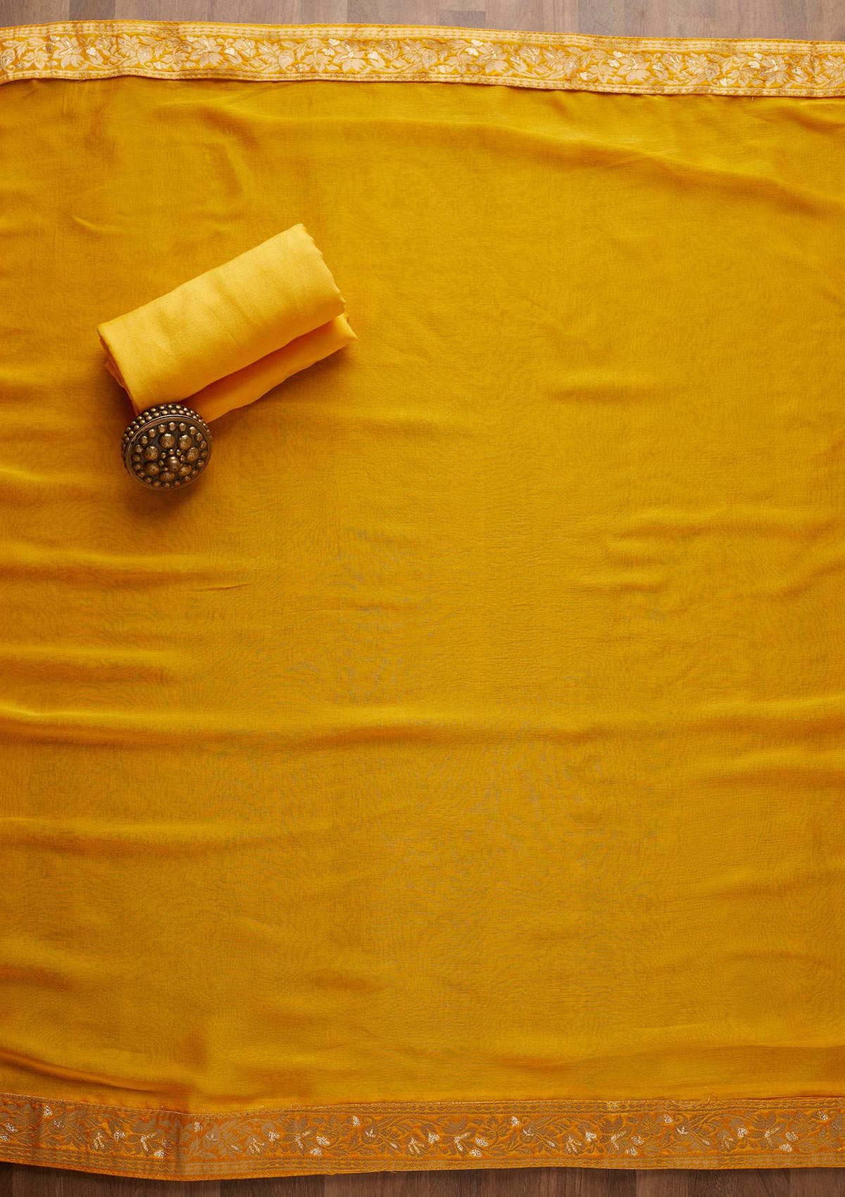 Yellow Swarovski Semi Crepe  Unstitched Salwar Suit-Koskii