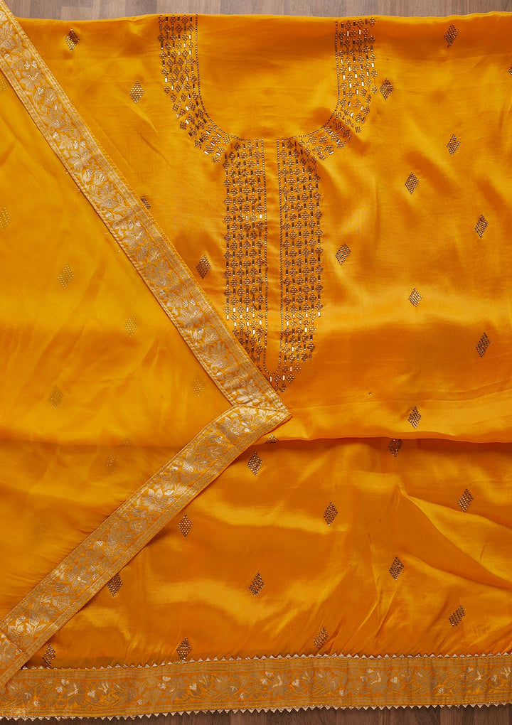 Yellow Swarovski Semi Crepe  Unstitched Salwar Suit-Koskii