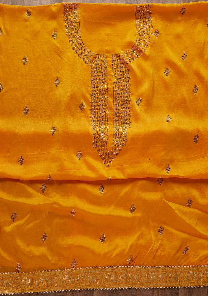 Yellow Swarovski Semi Crepe  Unstitched Salwar Suit-Koskii