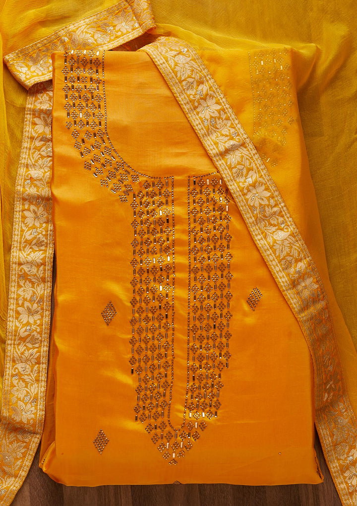Yellow Swarovski Semi Crepe  Unstitched Salwar Suit-Koskii