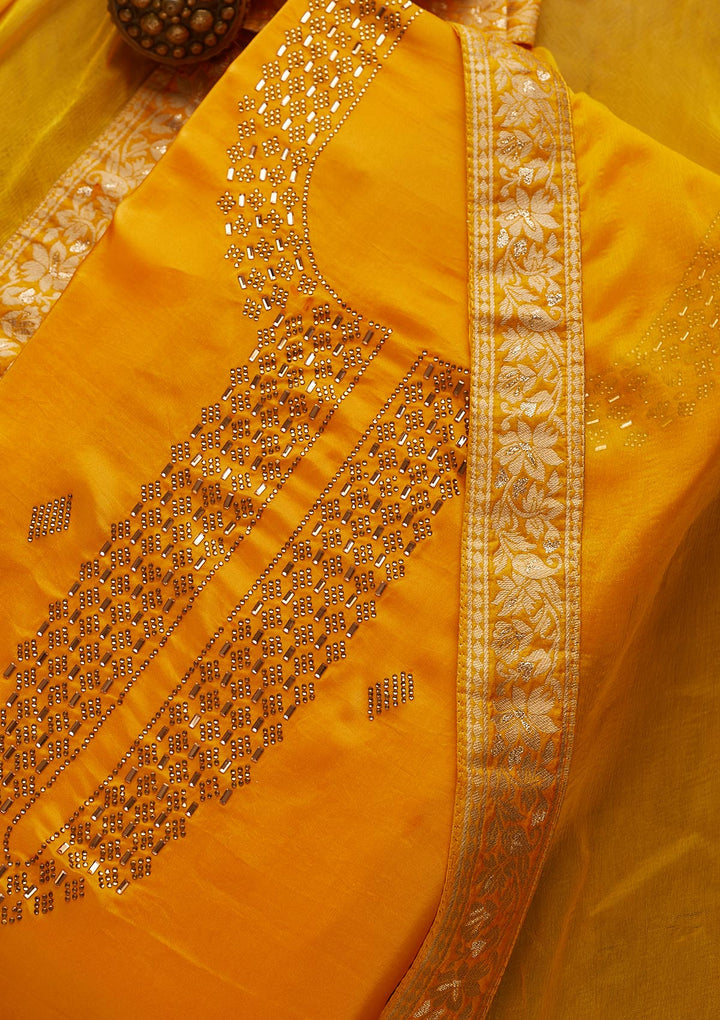Yellow Swarovski Semi Crepe  Unstitched Salwar Suit-Koskii