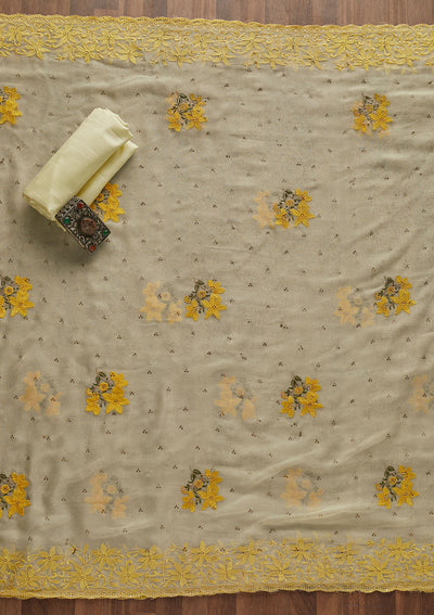 Yellow Threadwork Chiffon Designer Unstitched Salwar Suit - Koskii