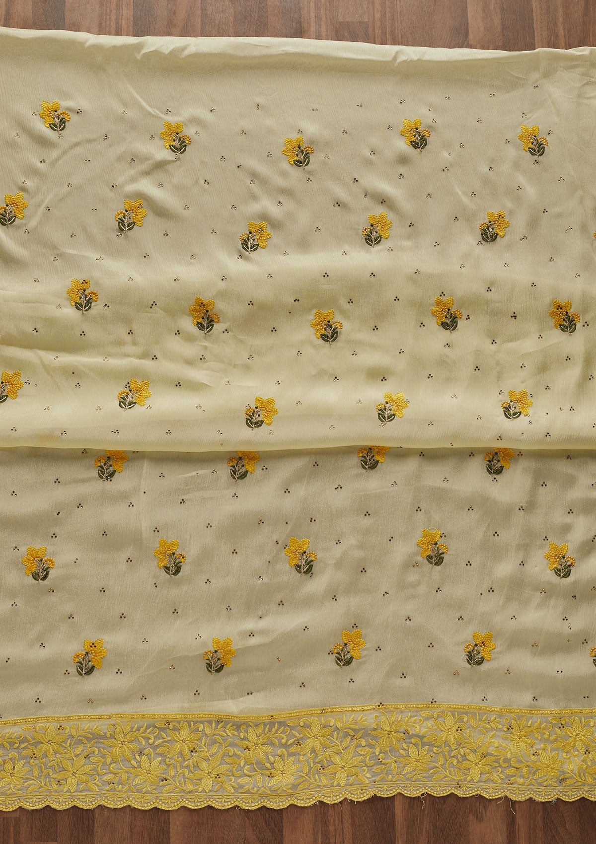 Yellow Threadwork Chiffon Designer Unstitched Salwar Suit - Koskii