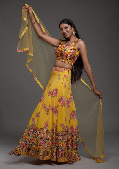 Yellow Threadwork Georgette Designer Lehenga-Koskii