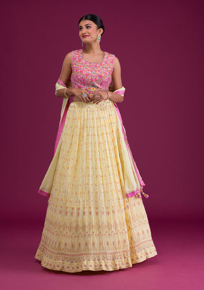 Yellow Threadwork Georgette Readymade Lehenga-Koskii