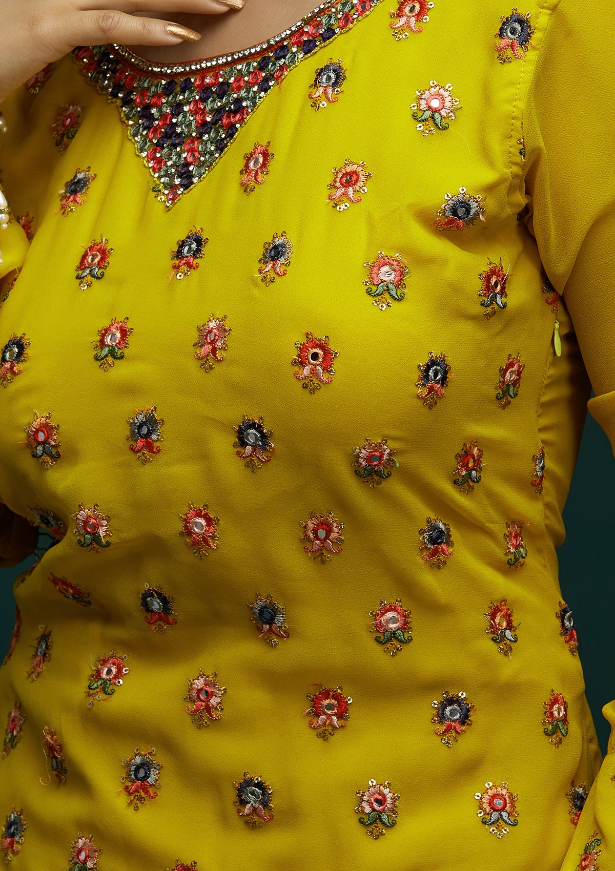 Yellow Threadwork Georgette Designer Salwar Suit - Koskii