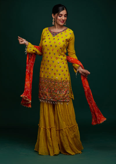 Yellow Threadwork Georgette Designer Salwar Suit - Koskii