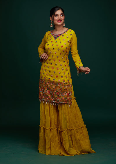 Yellow Threadwork Georgette Designer Salwar Suit - Koskii