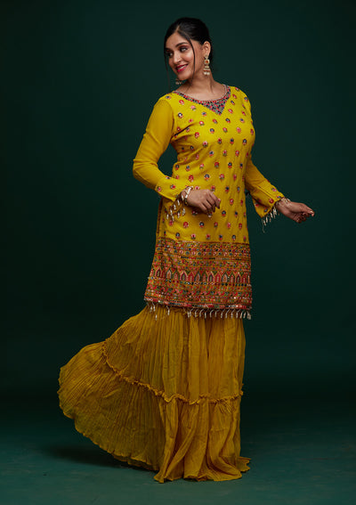 Yellow Threadwork Georgette Designer Salwar Suit - Koskii