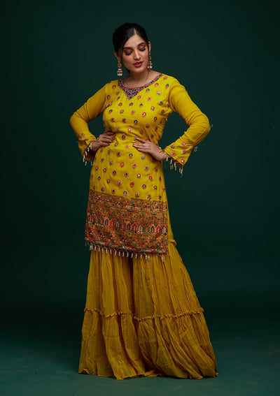 Yellow Threadwork Georgette Designer Salwar Suit - Koskii