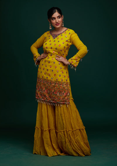 Yellow Threadwork Georgette Designer Salwar Suit - Koskii