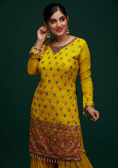 Yellow Threadwork Georgette Designer Salwar Suit - Koskii