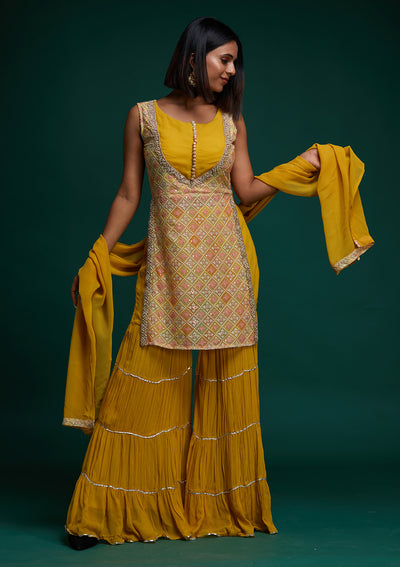 Yellow Threadwork Georgette Designer Salwar Suit- Koskii