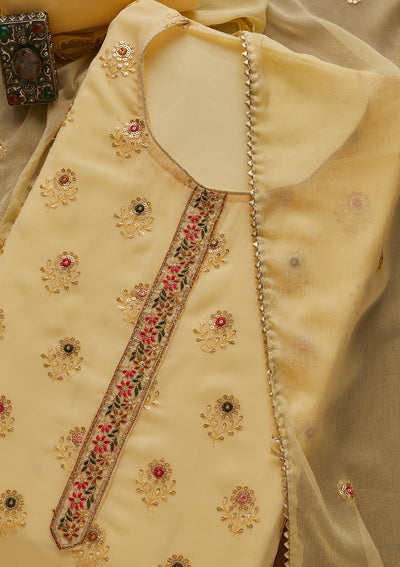 Yellow Threadwork Georgette Semi-Stitched Salwar Suit-Koskii