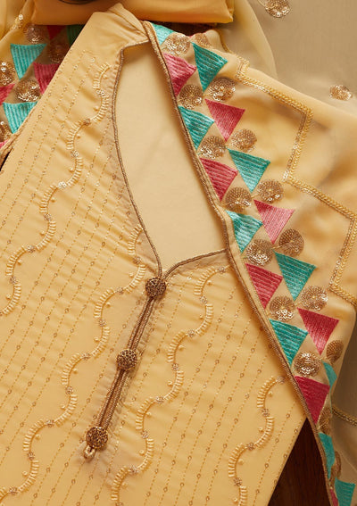 Yellow Threadwork Georgette Designer Unstitched Salwar Suit - koskii