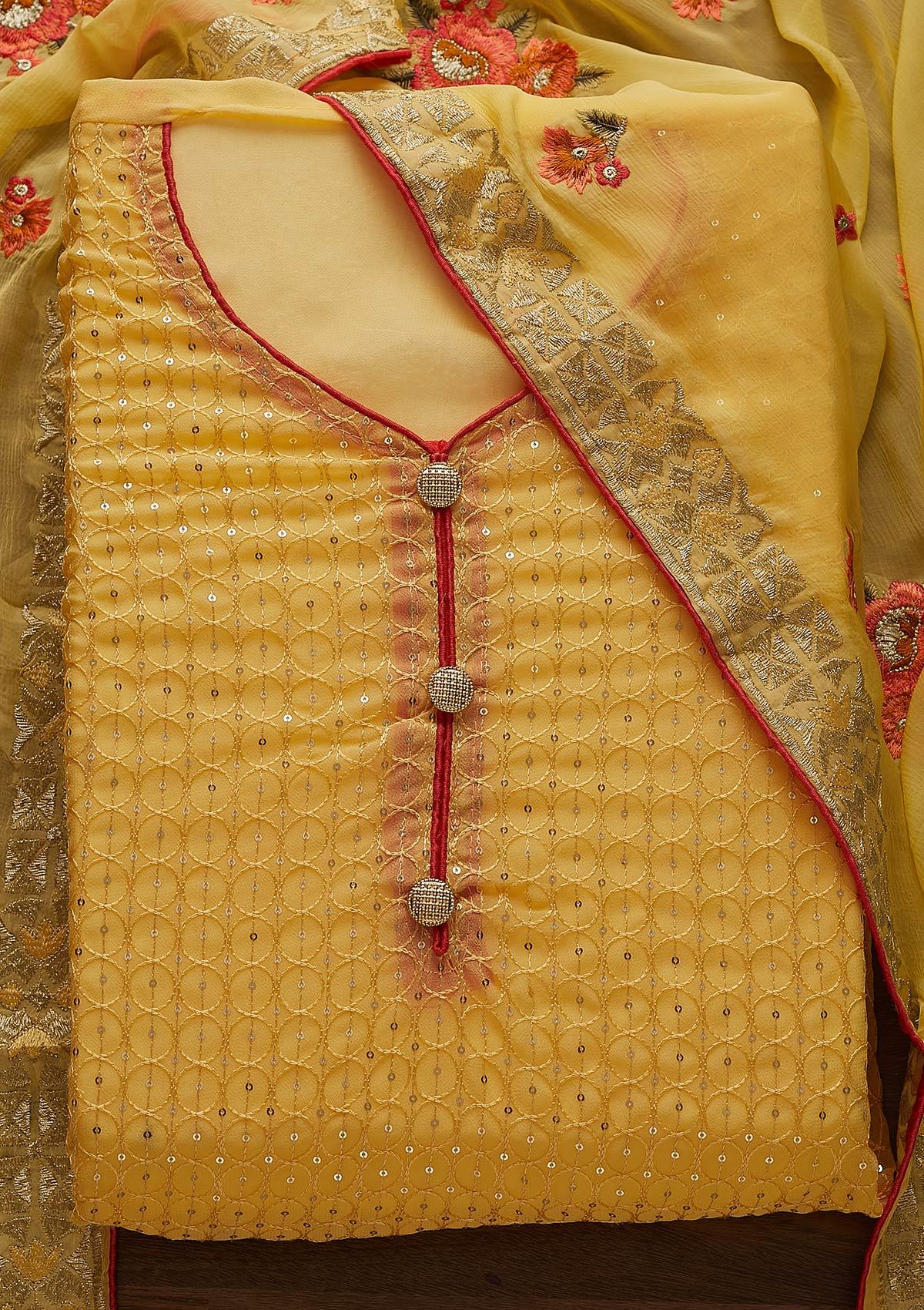 Yellow Threadwork Georgette Designer Unstitched Salwar Suit - Koskii