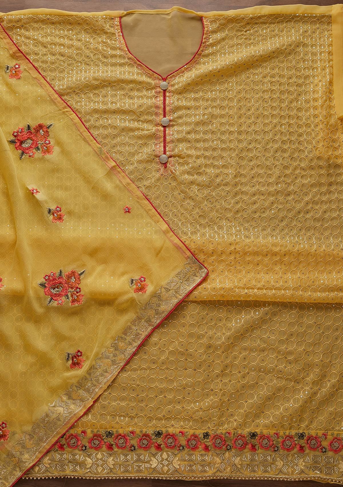 Yellow Threadwork Georgette Designer Unstitched Salwar Suit - Koskii