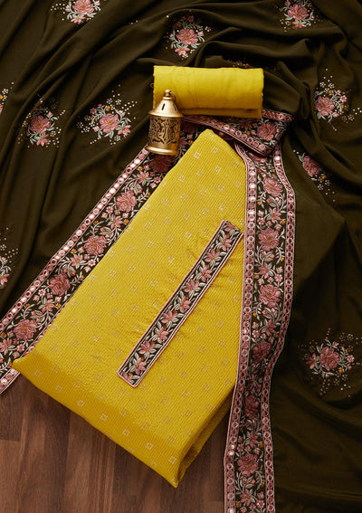 Yellow Threadwork Georgette Unstitched Salwar Suit - Koskii