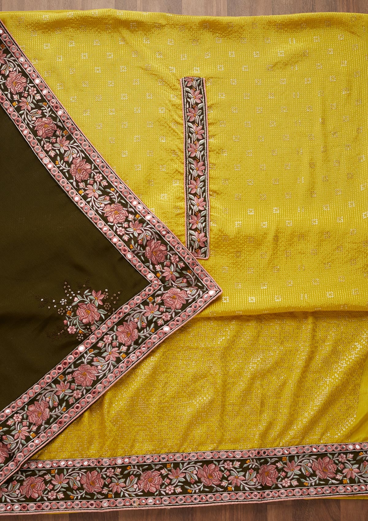 Yellow Threadwork Georgette Unstitched Salwar Suit - Koskii