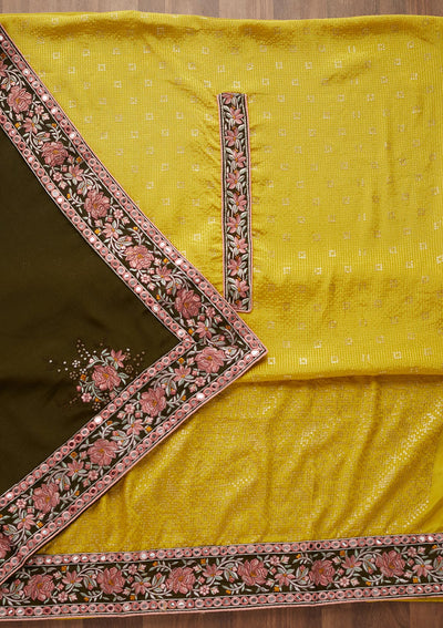 Yellow Threadwork Georgette Unstitched Salwar Suit - Koskii