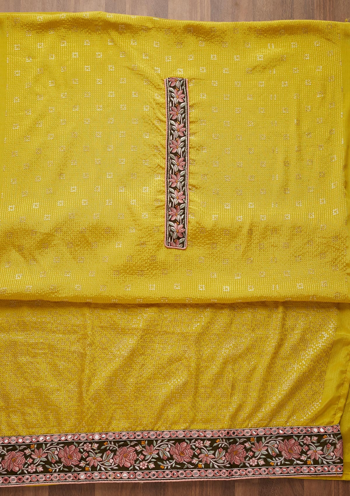 Yellow Threadwork Georgette Unstitched Salwar Suit - Koskii