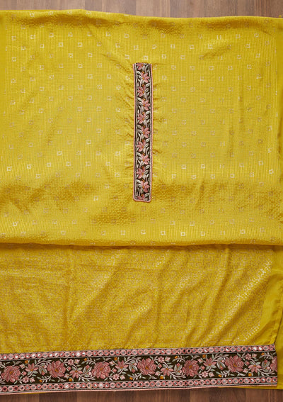 Yellow Threadwork Georgette Unstitched Salwar Suit - Koskii