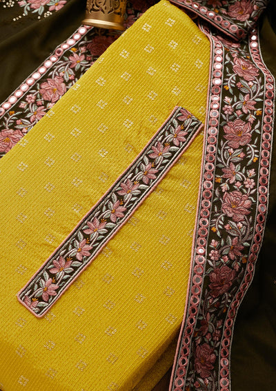 Yellow Threadwork Georgette Unstitched Salwar Suit - Koskii