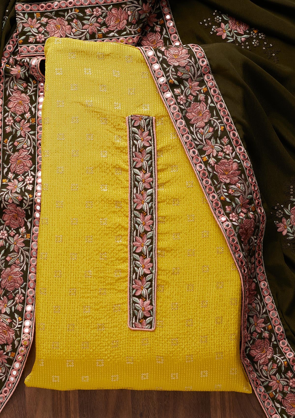 Yellow Threadwork Georgette Unstitched Salwar Suit - Koskii