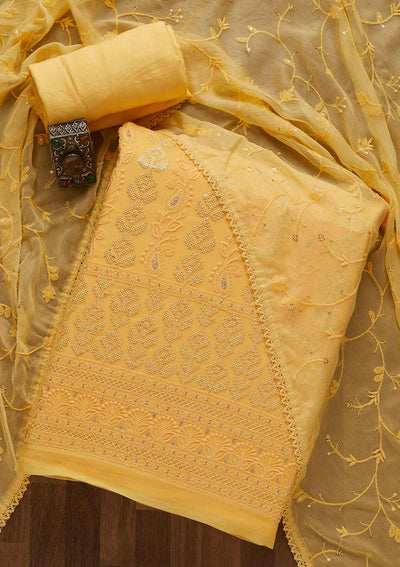 Yellow Sequins Threadwork Georgette Unstitched Salwar Suit-Koskii