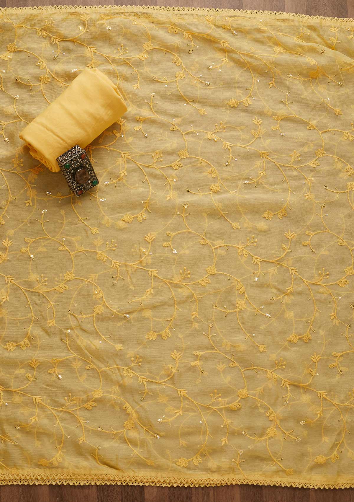 Yellow Sequins Threadwork Georgette Unstitched Salwar Suit-Koskii