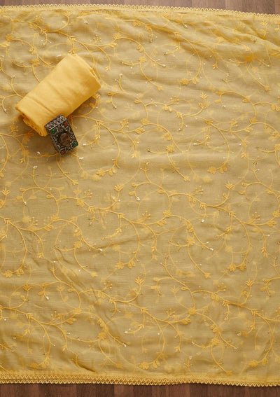 Yellow Sequins Threadwork Georgette Unstitched Salwar Suit-Koskii