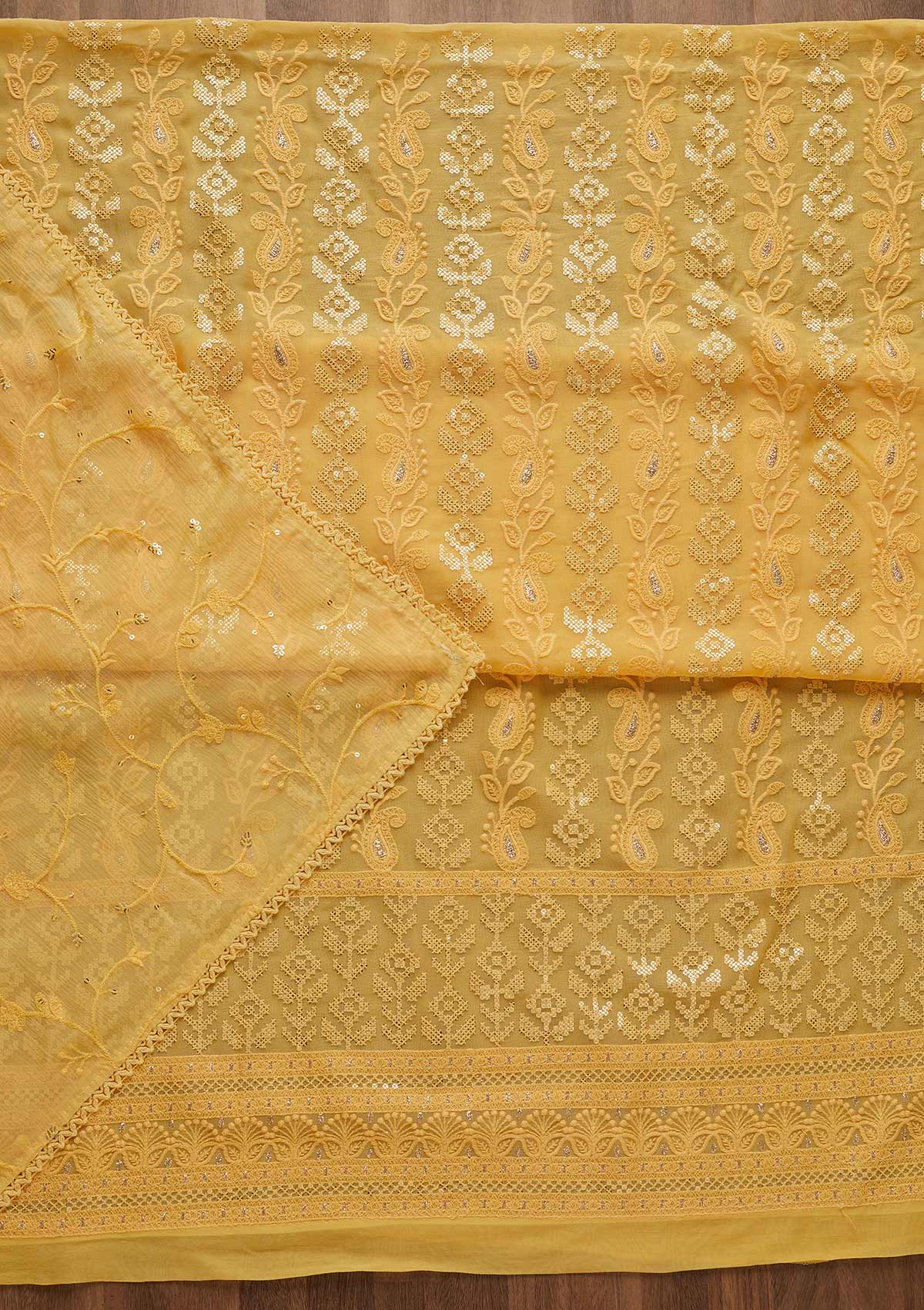 Yellow Sequins Threadwork Georgette Unstitched Salwar Suit-Koskii