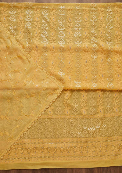 Yellow Sequins Threadwork Georgette Unstitched Salwar Suit-Koskii
