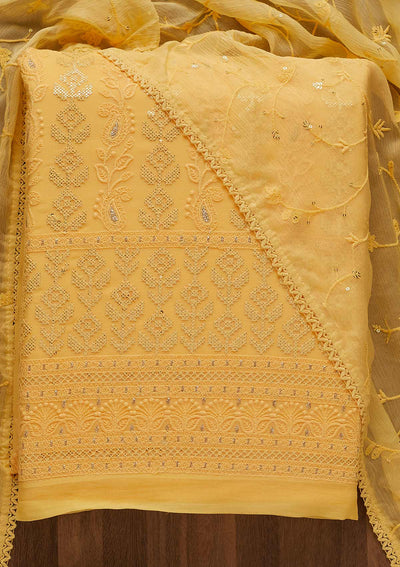 Yellow Sequins Threadwork Georgette Unstitched Salwar Suit-Koskii