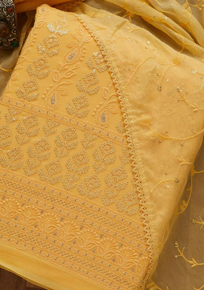 Yellow Sequins Threadwork Georgette Unstitched Salwar Suit-Koskii