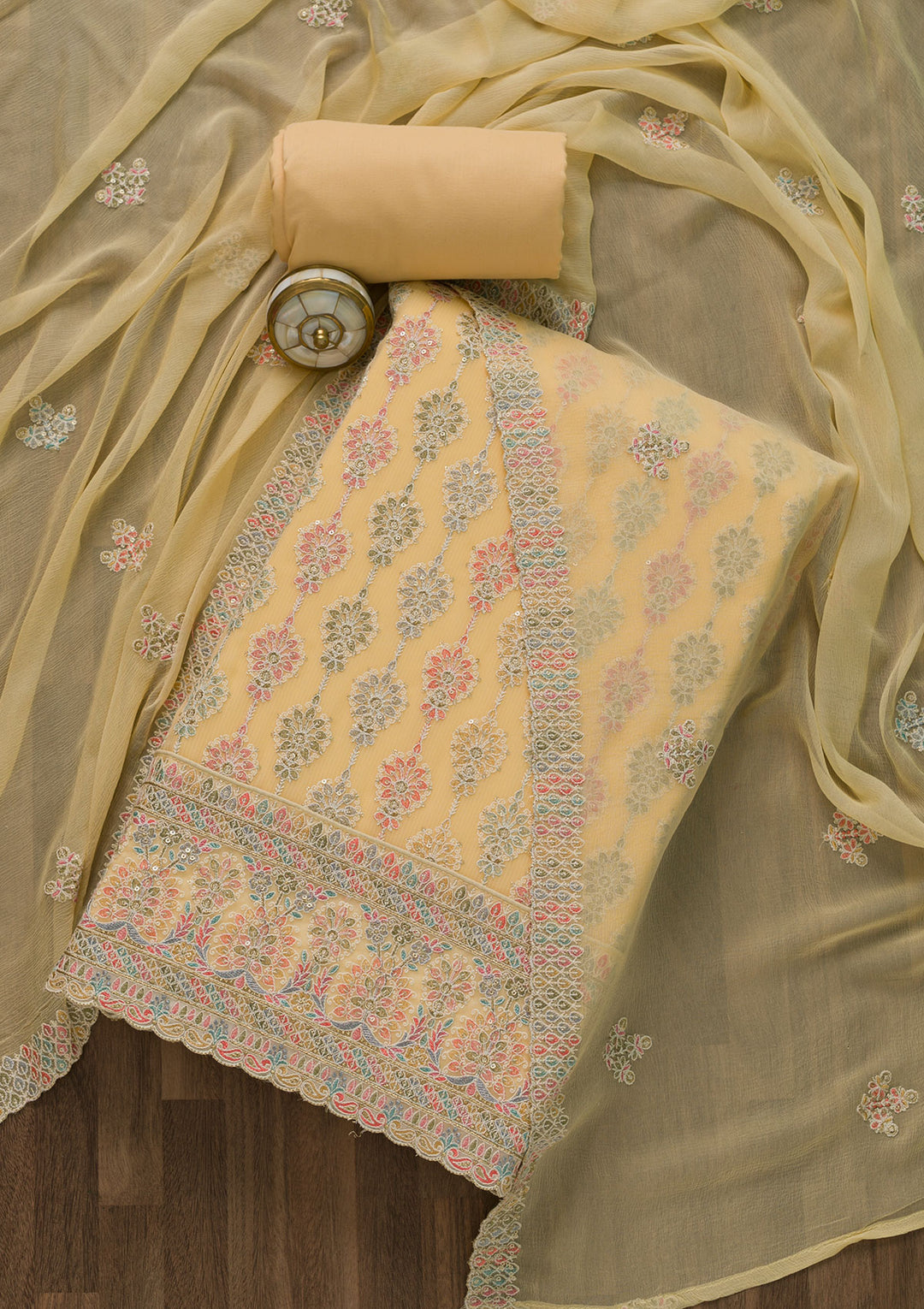 Yellow Threadwork Georgette Unstitched Salwar Suit-Koskii